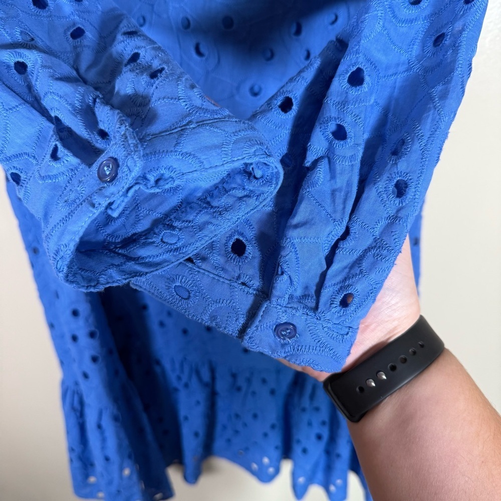 Cynthia Rowley 3/4 Sleeve V-Neck Ruffle Bottom Blue Cotton Dress Size Small - Picture 6 of 8